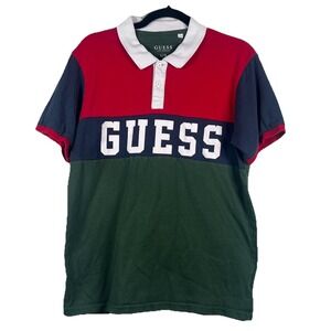 Guess Spellout Logo Short Sleeve Polo Shirt Men's Size US Large color block